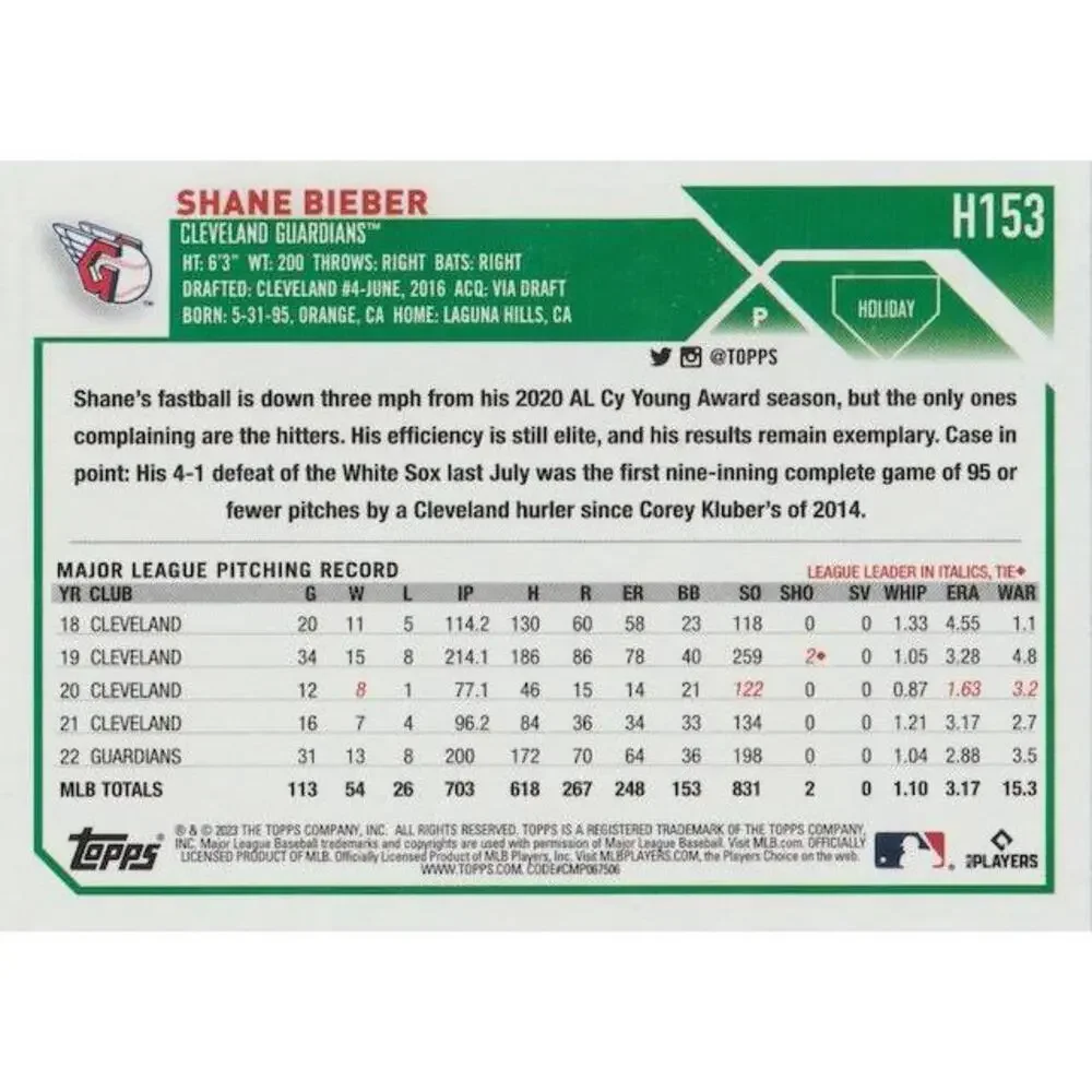2023 Topps Holiday Shane Bieber H153 Cleveland Guardians